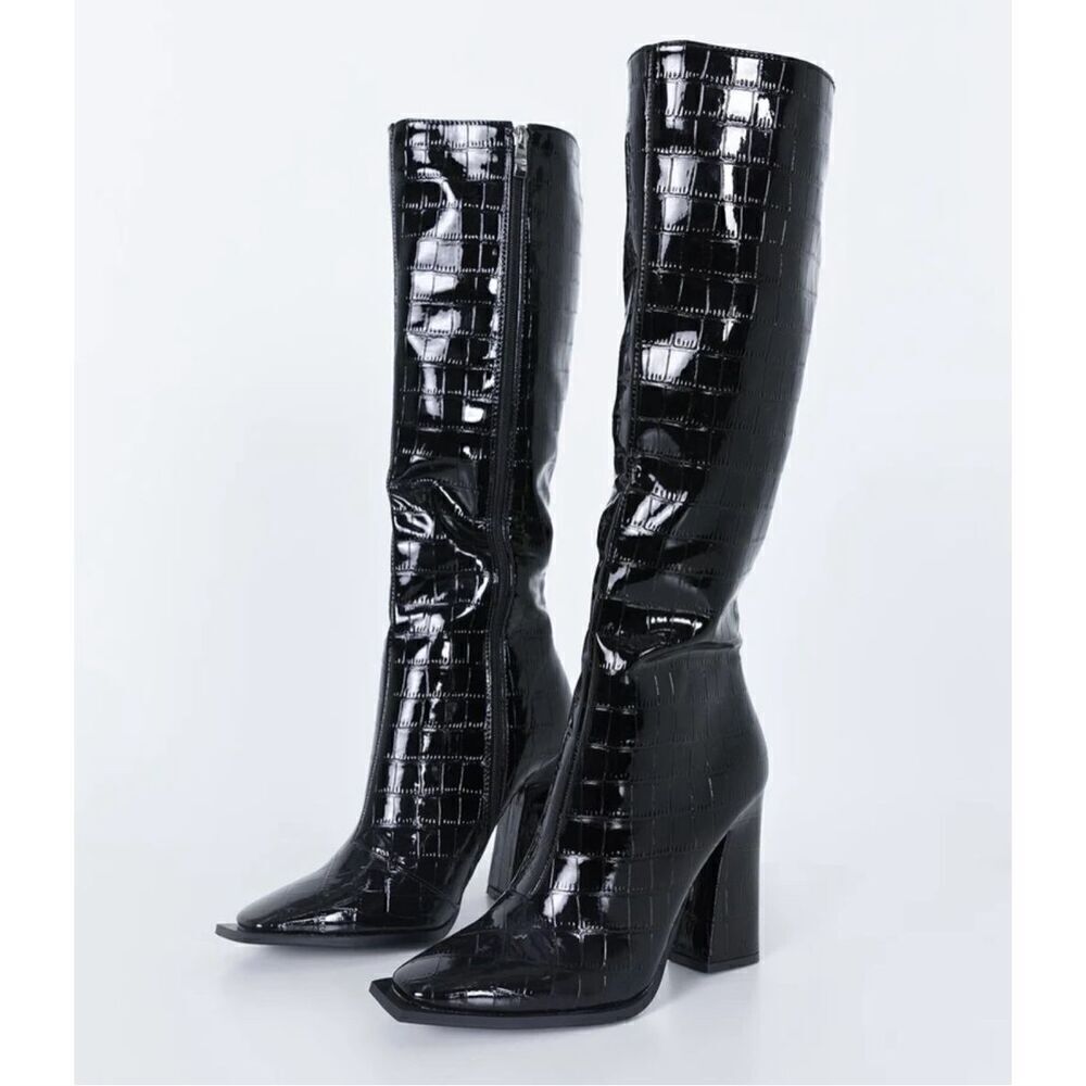 Princess Polly MERCURY Crocodile Heeled BOOTS Black Size 8 Square Toe